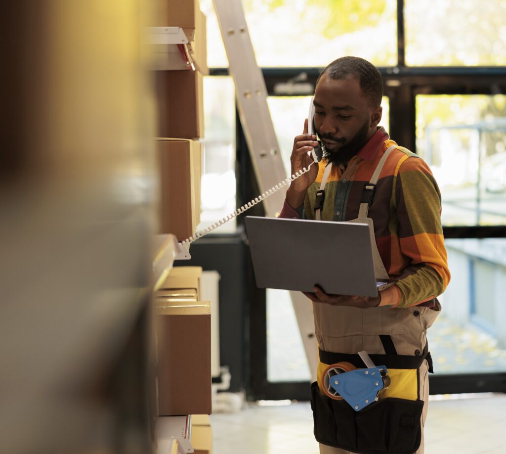 A wholesaler or sales rep on the phone, visibly mid-conversation, with shelving or product stock visible in the background.